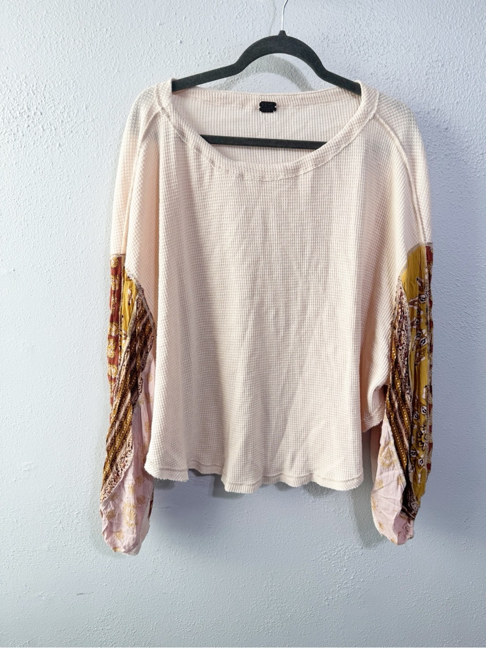 We The Free Cream Waffle-Knit Top with Patterned Golden Sleeve Panels